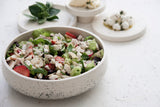 Elegant white ceramic large salad bowl with black dots pattern