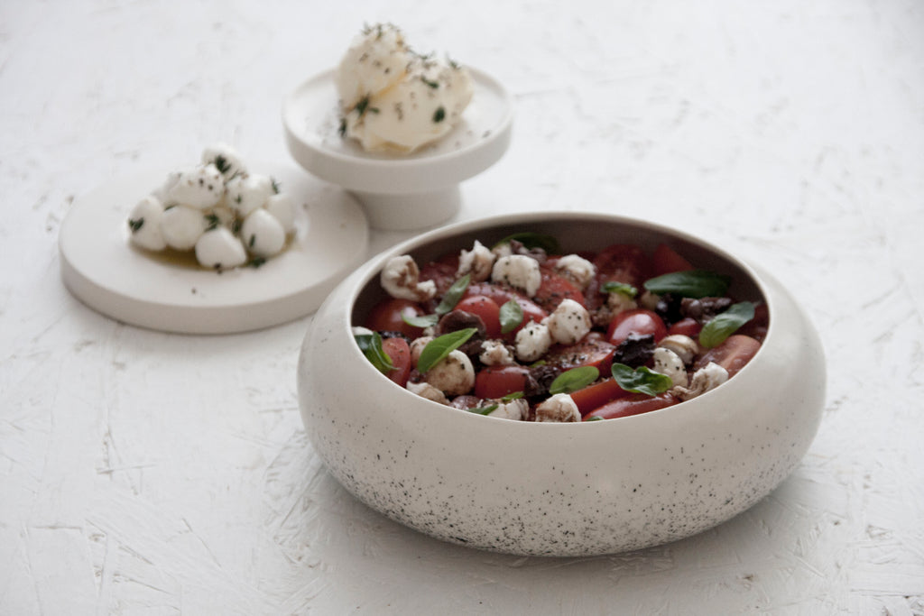 Elegant White Ceramic Salad Bowl with Black Dots Pattern