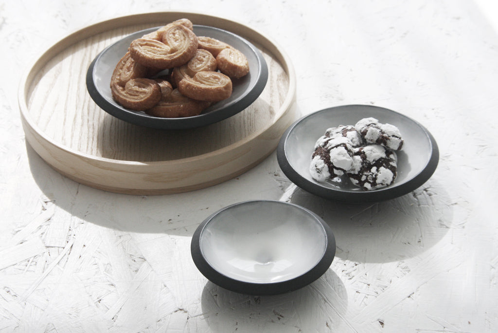 Serving set- Ceramic dishes in black and white glaze