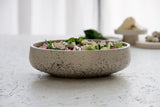 Elegant white ceramic large salad bowl with black dots pattern