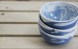 TRIO - Ceramic set of 3 small bowls in blue and white marbled pattern